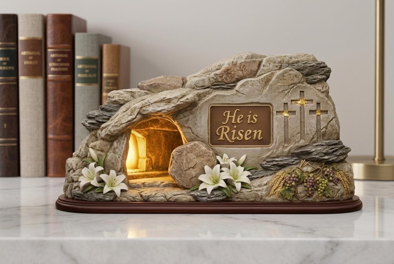 He is Risen Resurrection Tomb Statue - Elegant Christian Easter Home Decor - Lighted Religious Shelf Decor - Easter Celebration Gift