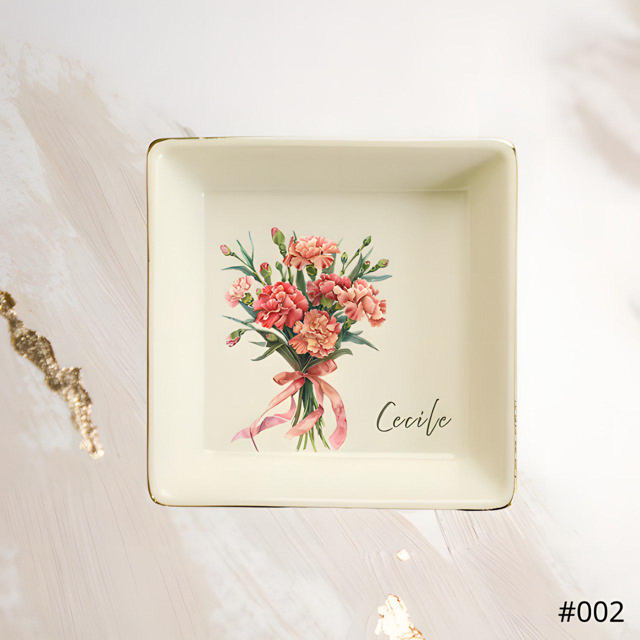 Personalized Birth Flower Jewelry Dish, Custom Ceramic Ring Dish, Custom Name Trinket Dish, Gift for Her, Gift