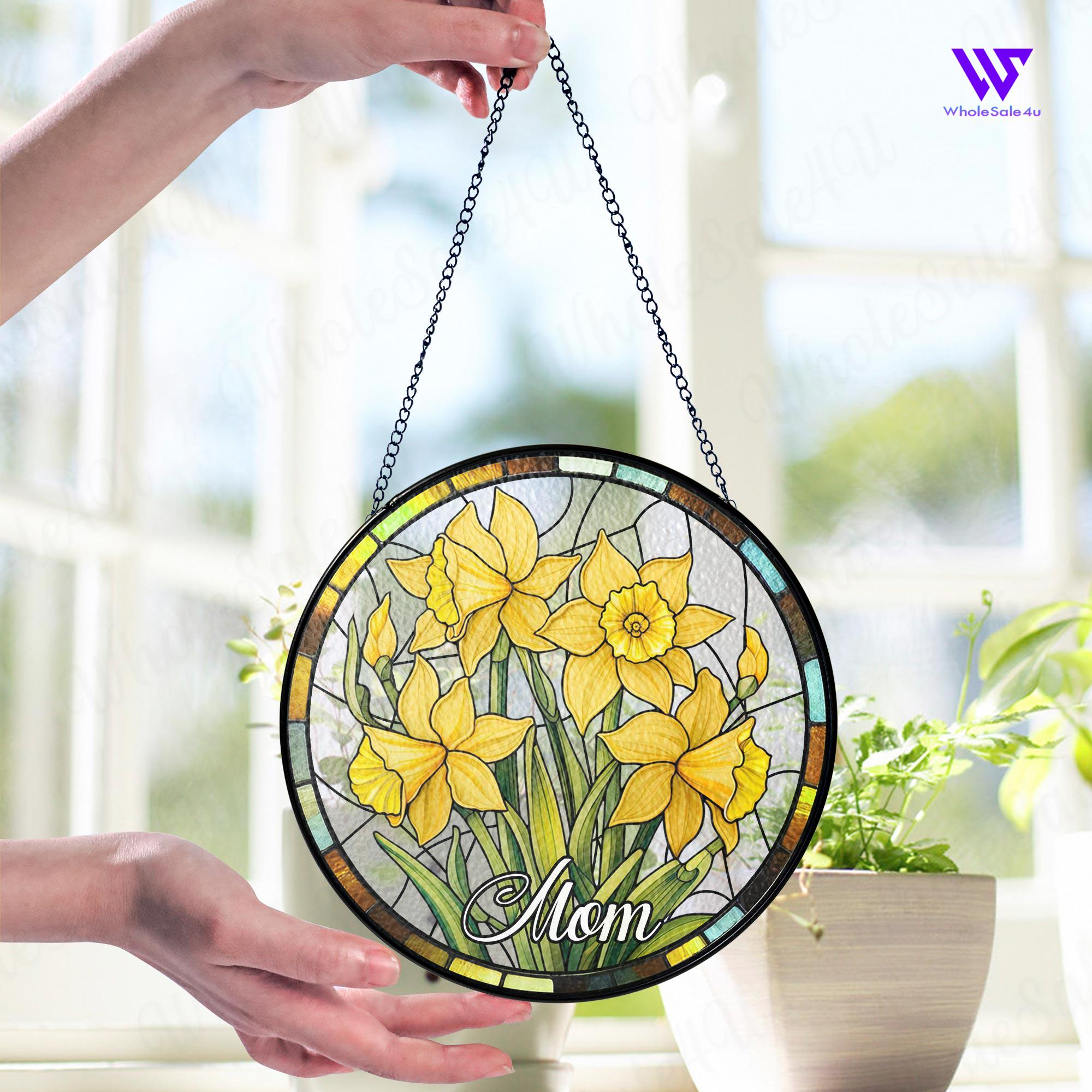 Personalized Birth Flower Stained Glass Suncatcher, Marigold Flowers Stained Glass, Christmas Gift for Mom, Birth Month Flower Suncatcher
