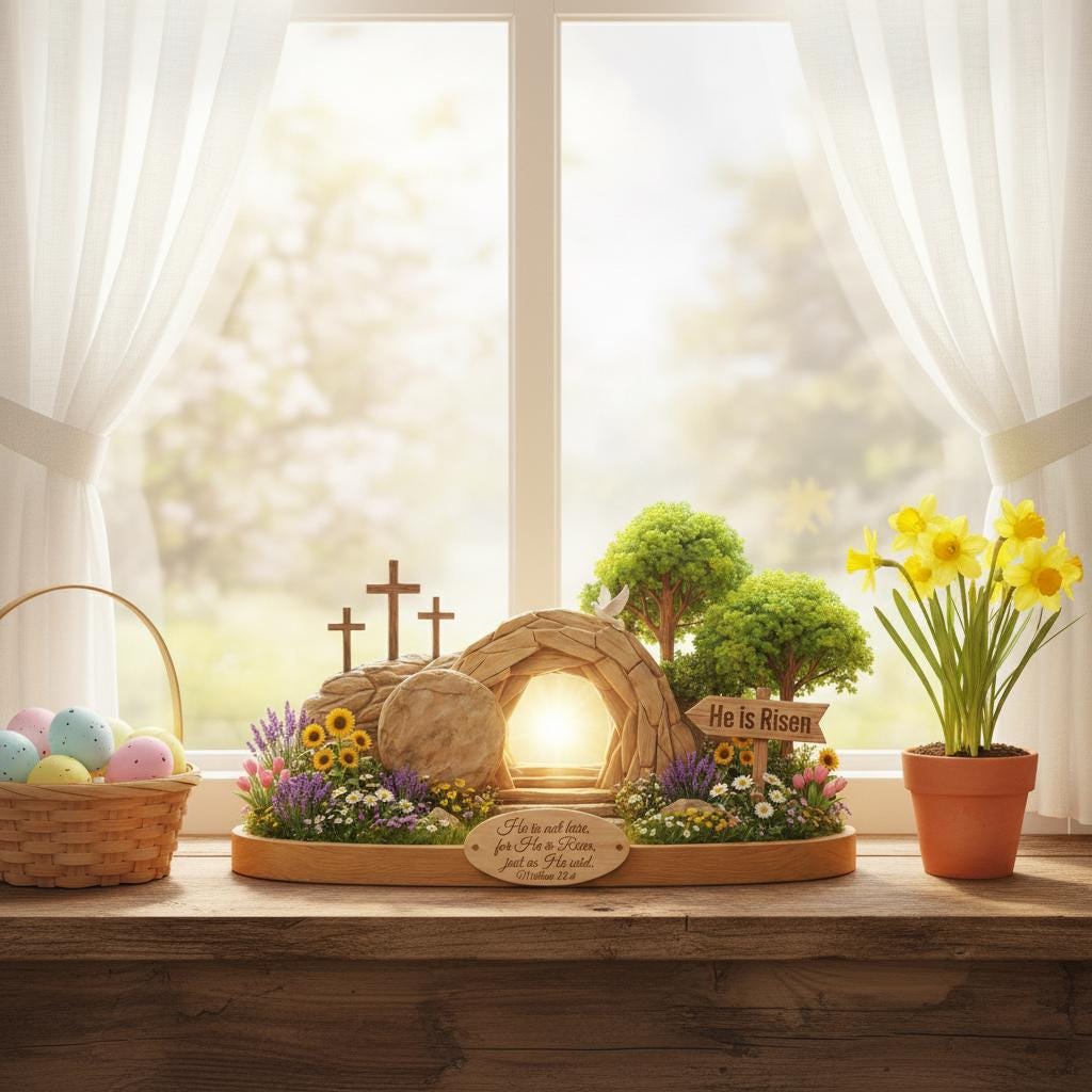 Flat He is Risen Wooden Block Easter Scene, Empty Tomb Decor With Scripture, Christian Resurrection Table Display