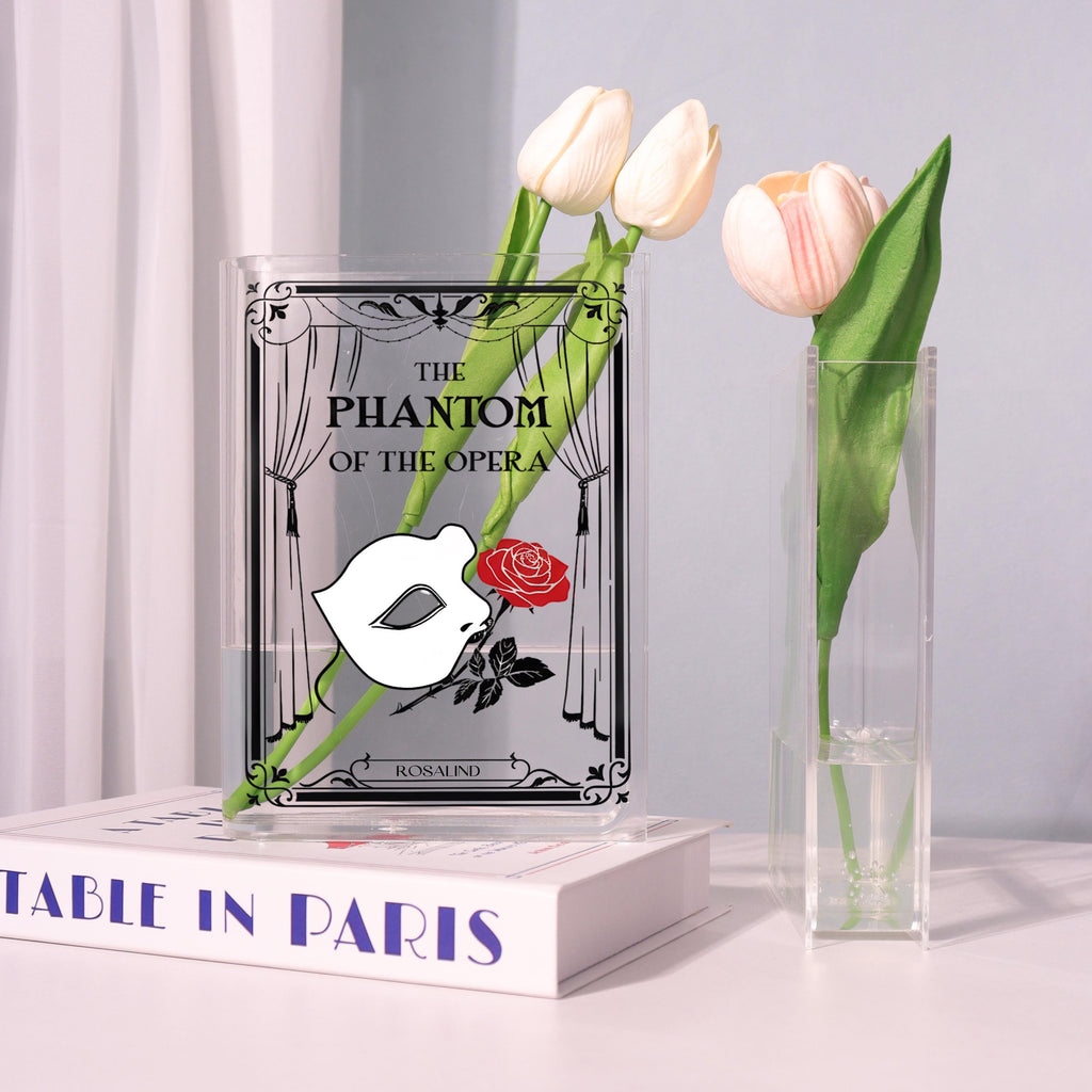 Phantom of the Opera Acrylic Book Vase, Theater Mask Book Vase, Line-art Book Shaped Vase, Musical Theater Decor, Custom Gift for Book Lover