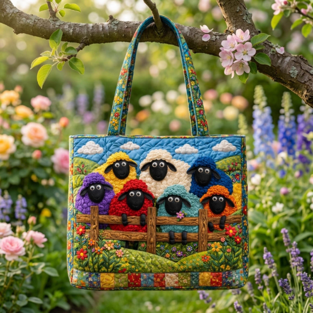 Colorful Sheep Quilted Tote Bag, Farm Animal Patchwork Handbag, Cottagecore Fabric Shoulder Bag