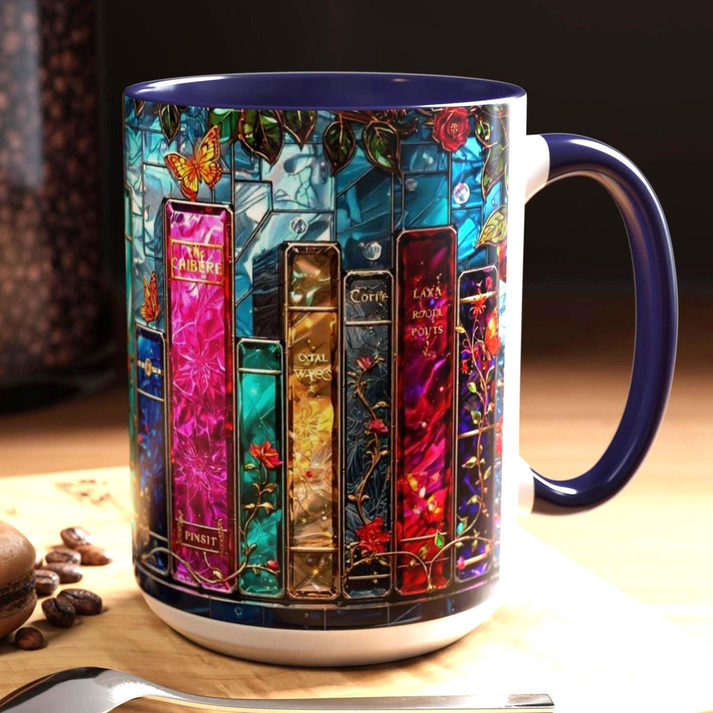 Bookish Stained Glass Mug _ Vintage Bookshelf, Cozy Reader Gift, Cozy Reader Gift, Book Lover Gift, Reading Mug for Women, Library Aesthetic Cup 15oz
