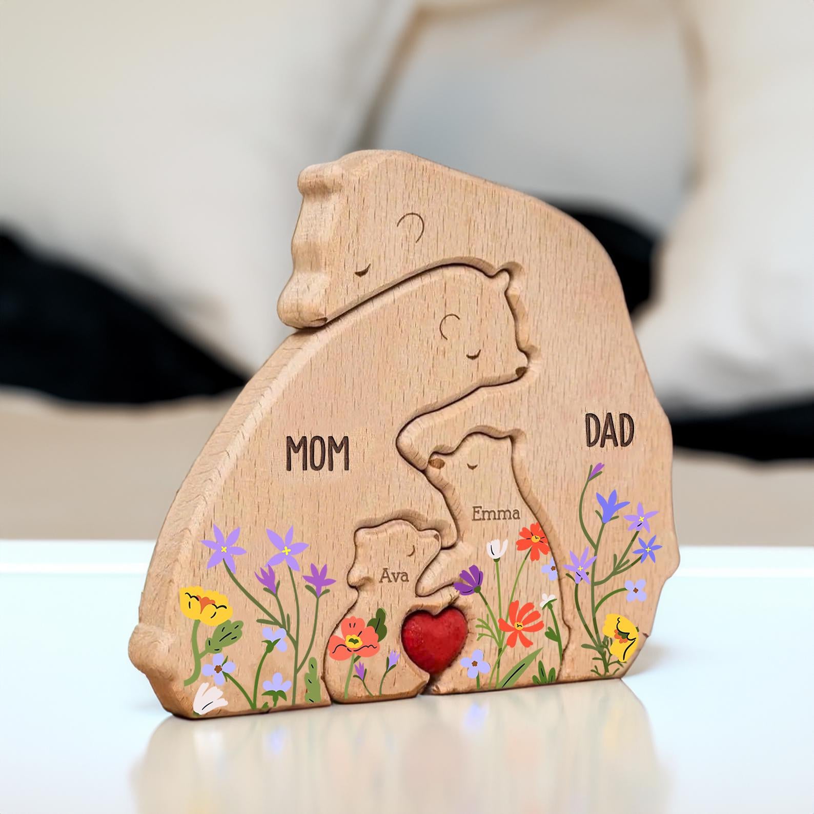 Hugging Bear Family Floral Version, Personalized Wooden Bear Family Puzzle, Father's Day Gift, Animal Family Puzzle Decor, Custom Dad Gift