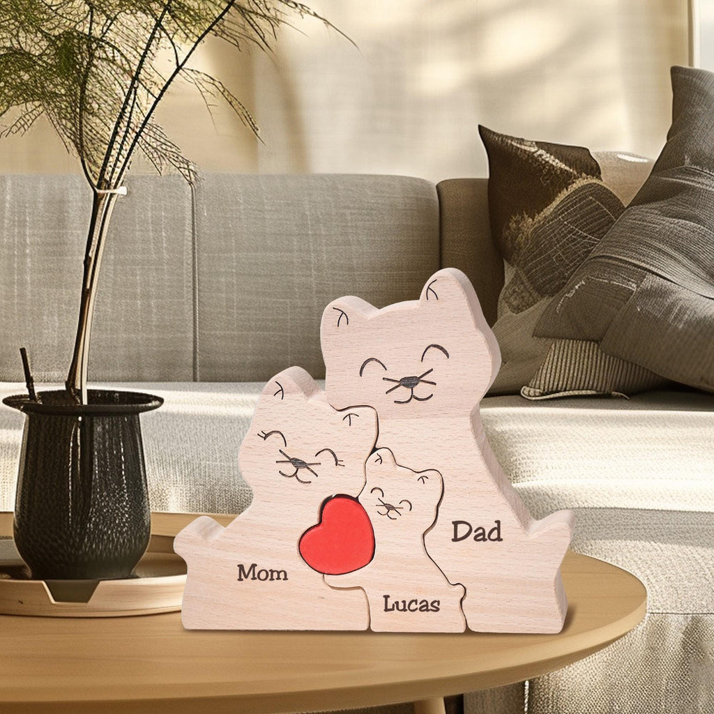 Custom Wooden Cat Family Puzzle, Happy Family of 3 Home Decor, Engraved Cat Family Keepsake, Cat Lover Gifts, Cat Mum Gifts, Christmas Gifts