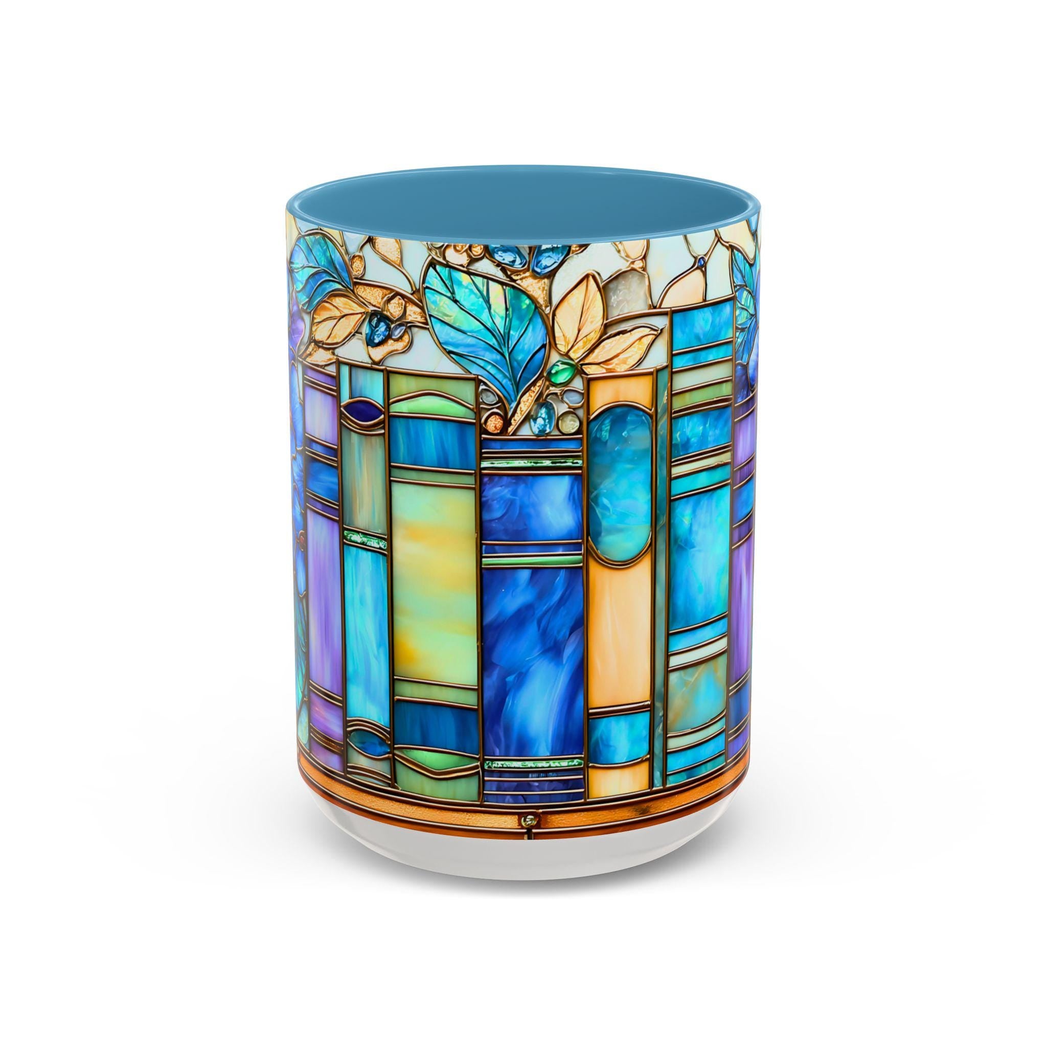 Floral Bookshelf Coffee Mug_ Faux Stained Glass Ceramic Bookish Cup Ceramic Drinkware Book Lovers