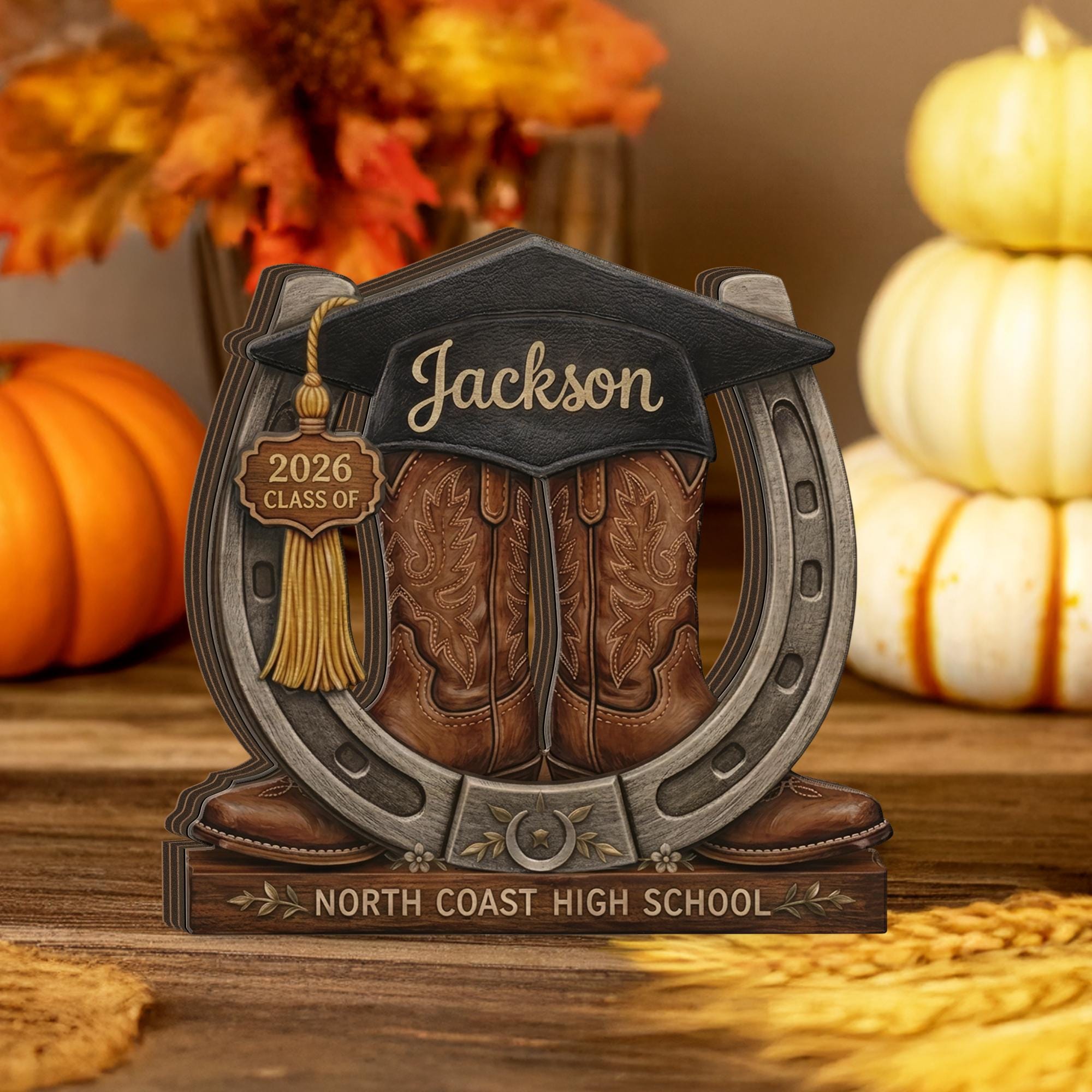 Personalized Graduation Wooden Block, Customized Cowboy Boots Keepsake, Class of 2026 Gift, Custom Name Graduate Decor
