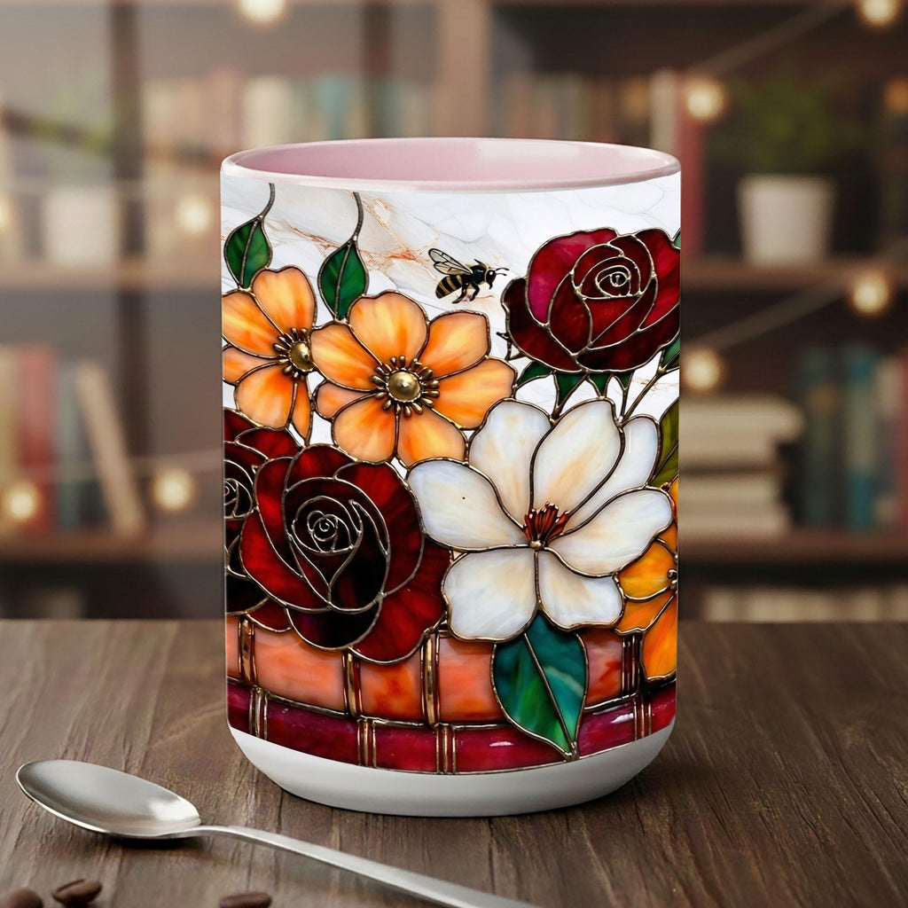 Stained Glass Book Lover Mug Floral Cottagecore Bookshelf Design Colorful Reading Bookish Cup 15oz Ceramic, Handle Color Mug