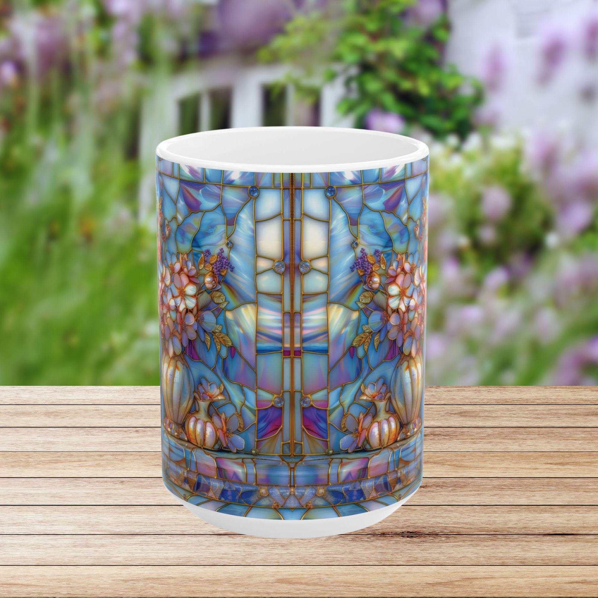 Floral Bookshelf Coffee Mug_ Books and Flowers Faux Stained-glass Ceramic Mug, Book Lover Gift for Friend, Mom