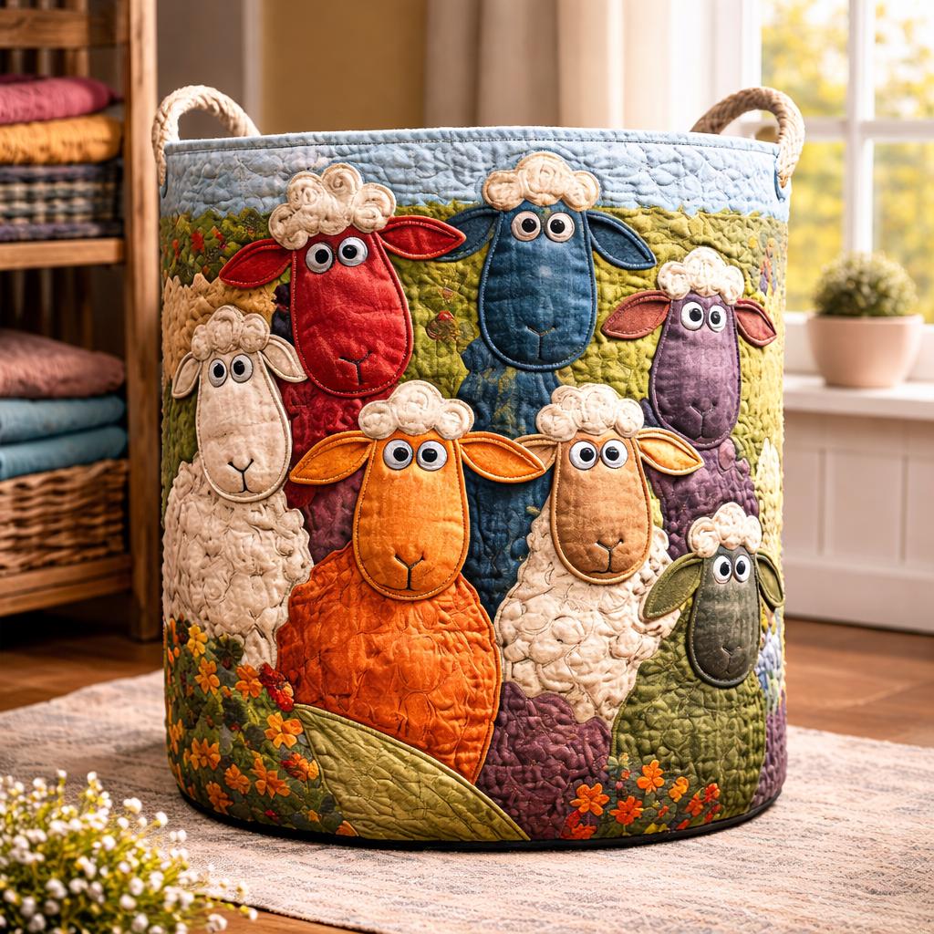 Patchwork Sheep Laundry Basket, Farmhouse Quilt Storage Bin, Rustic Organizer