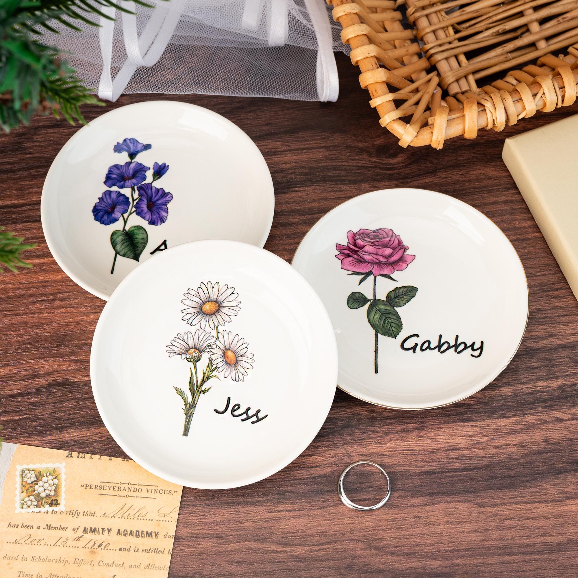 Custom Birth Flower Ceramic Jewelry Dish_ Personalized Name Trinket Dish
