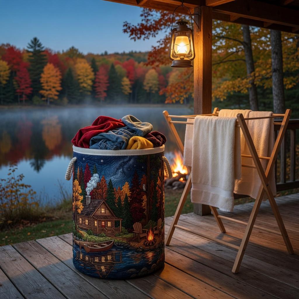Quilted Laundry Basket with Rustic Cabin Night Scene, Starry Sky Lake Storage Bin, Cozy Woodland Hamper, Cabin Room Decor