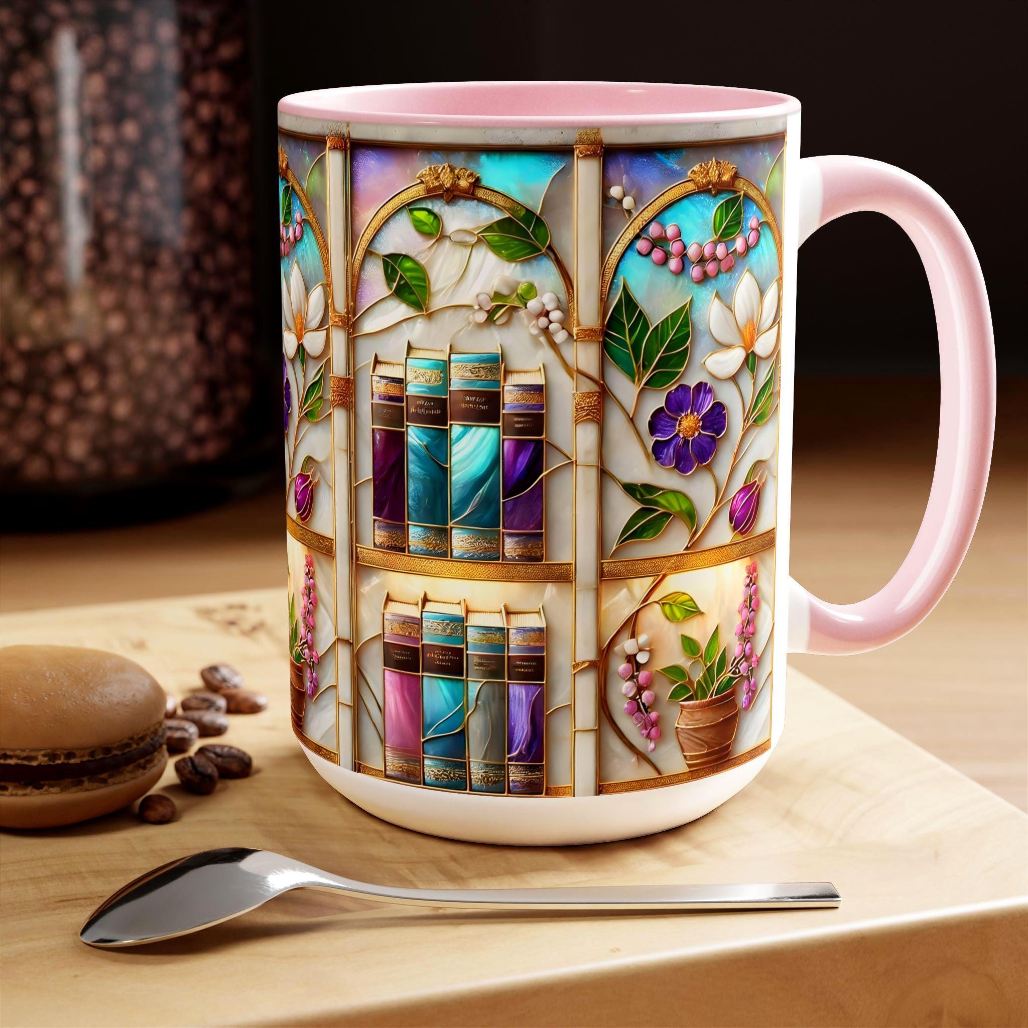 Floral Bookshelf Coffee Mug, Bookish Stained-glass Style Ceramic Mug, Book Lover Gift Mug 15oz
