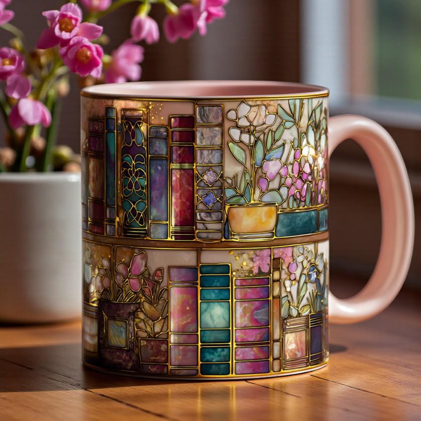 Printed Faux Stained Glass Bookshelf Mug, Book Lover Coffee Cup, Floral Library Art Mug, Reader Gift, Aesthetic Bookish Mug, High-Quality Ceramic Mug – Perfect for Coffee & Tea