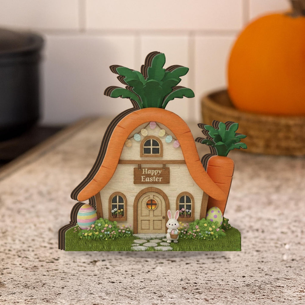 Wooden Block Easter Carrot House Decor, Layered Spring Bunny Cottage Sign