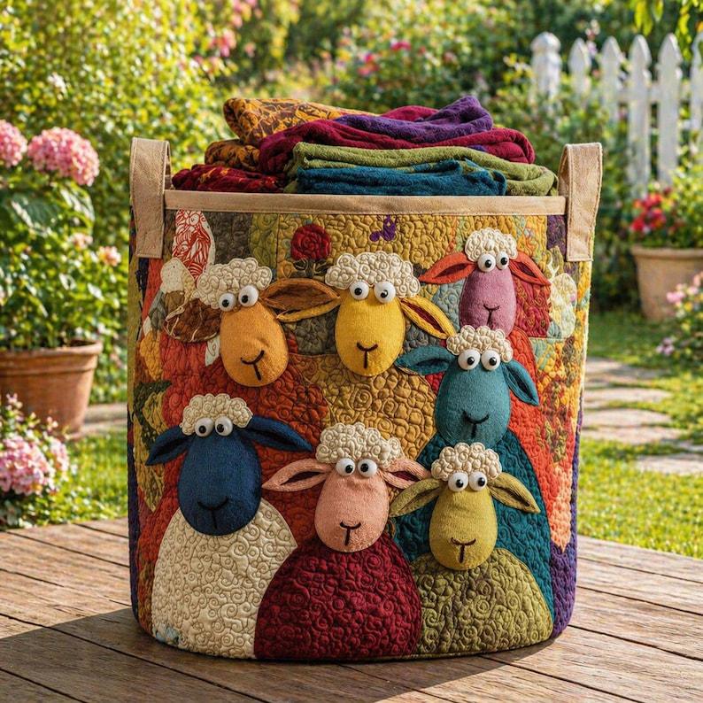 Sheep Heaven Quilted Laundry Basket, Cute Adorable Sheep Clothes Hamper, Good Basket Fabric, Farm Animal Decor, Sheep Lover Gift