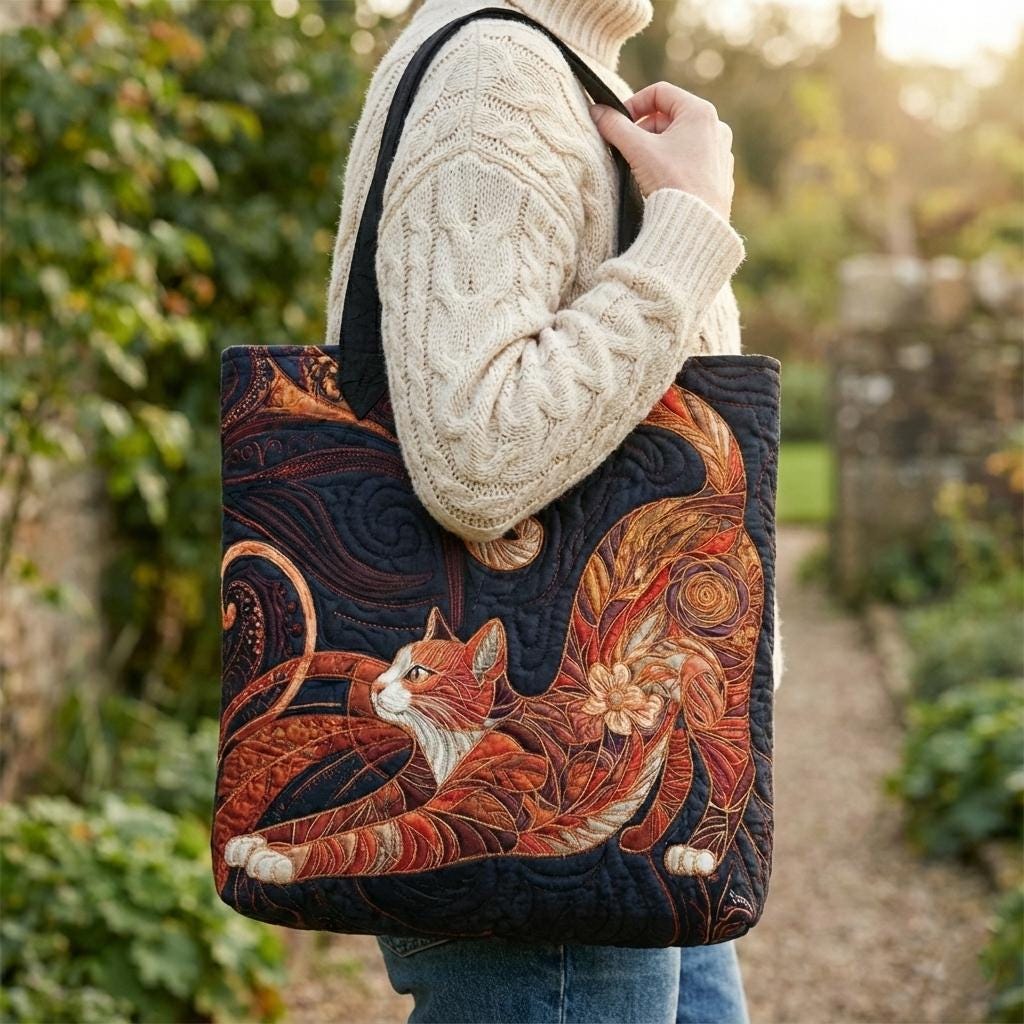 Custom Stained Glass Cat Tote Bag _ Personalized Quilted Style Art _ Colorful Patchwork Cat Gift