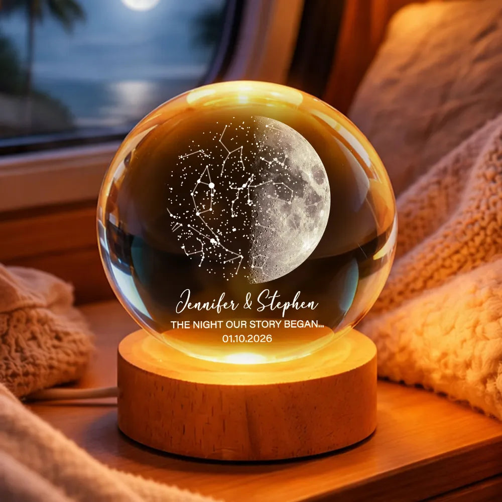 Custom Moon Phase & Star Map by Date - Personalized Crystal Ball Night, Custom Crystal Ball Night Light, Moon Phase Print, Valentines Day Wedding Anniversary Gift for Couple