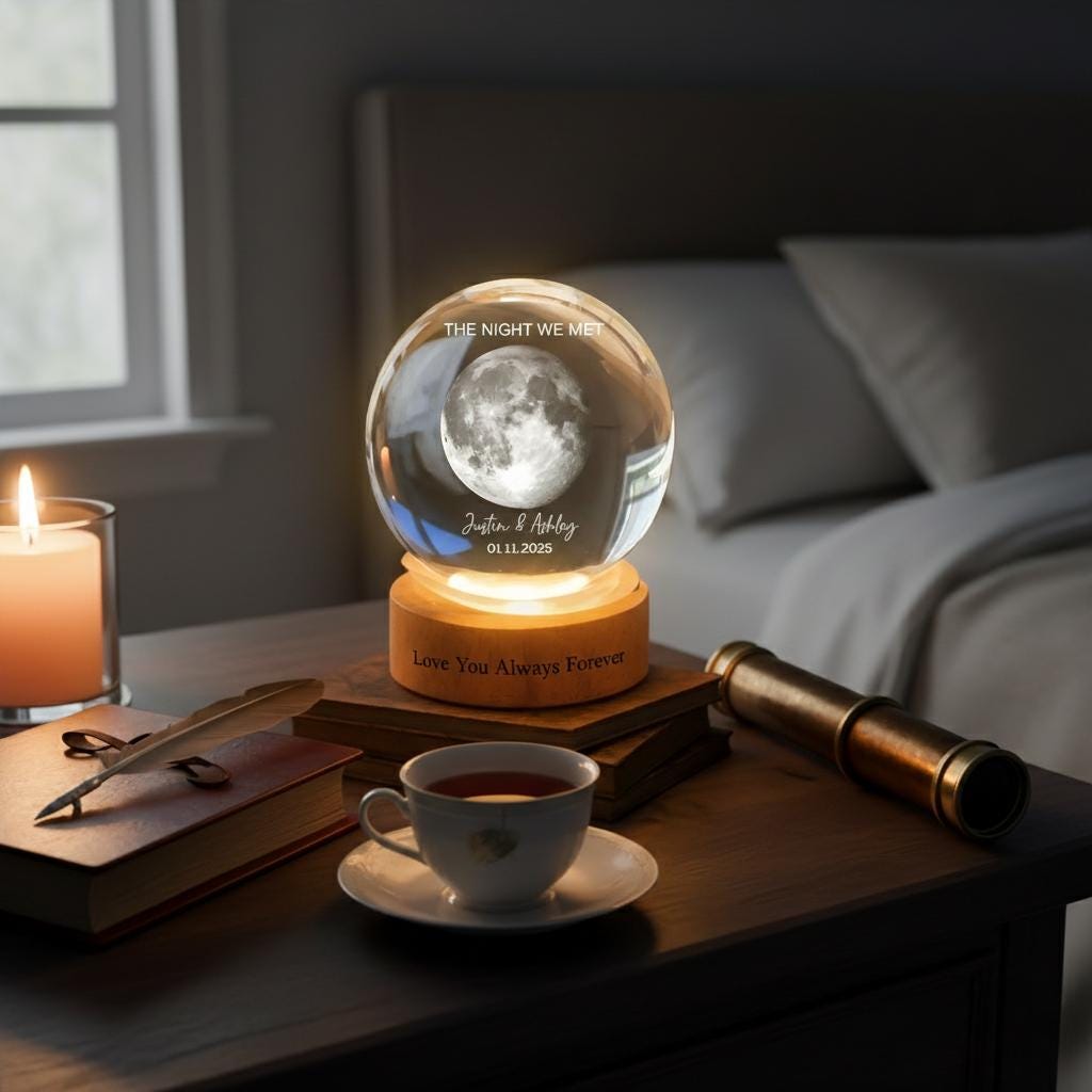 Our Moon Special Day Custom Moon Phase, Personalized Crystal Ball LED Night Light, Valentine's Day Gift for Couple, Husband, Boyfriend, Wife
