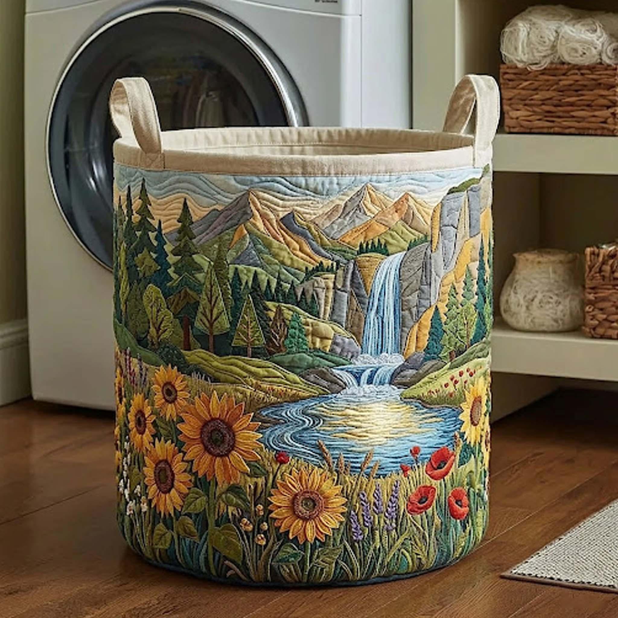 Blooming Forest Quilted Laundry Basket, Spring Fall Family Storage Bin, Floral Woodland Hamper, Cozy Nature Room Decor