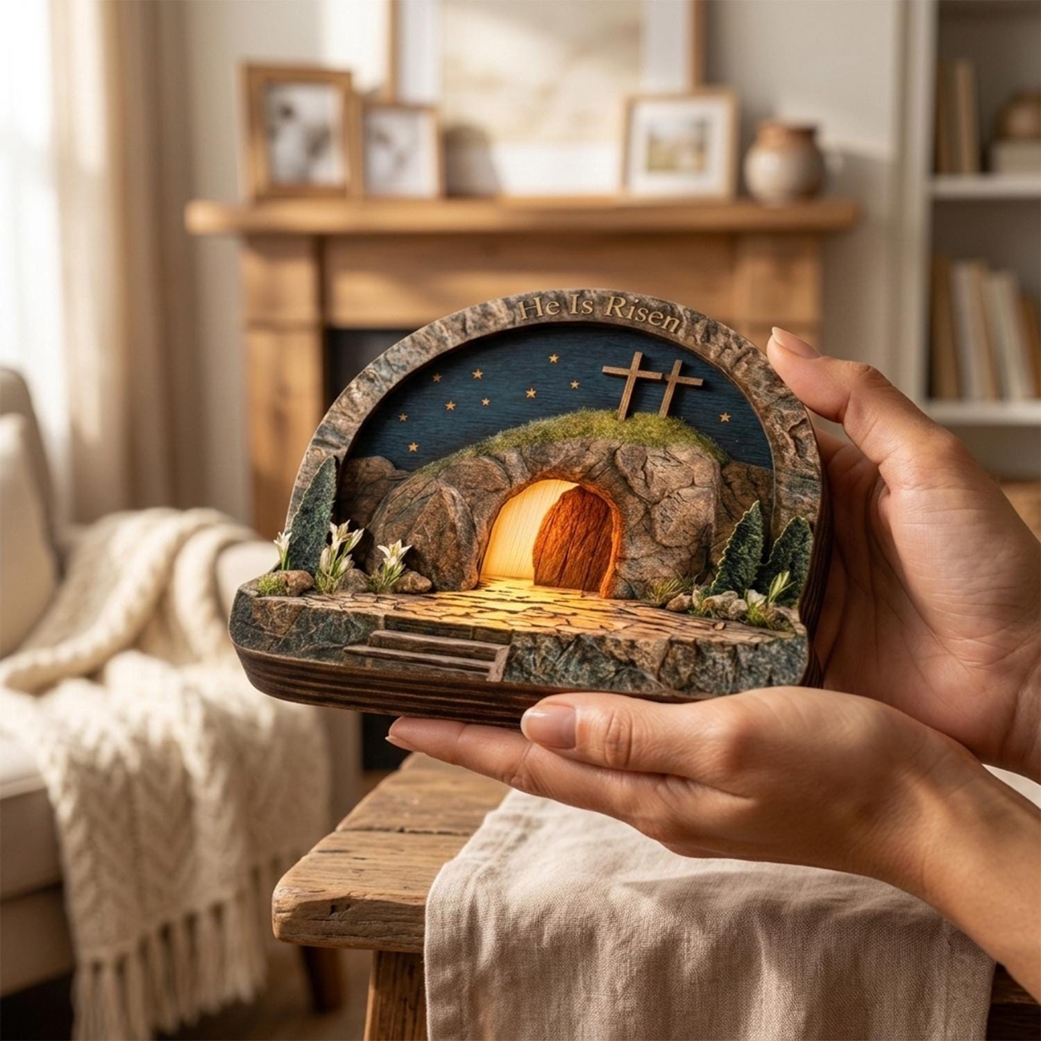 Easter Wooden Block, Empty Tomb Resurrection Scene, He is Risen Christian Decor, Meaningful Church Gift for Pastor Appreciation and Ministry