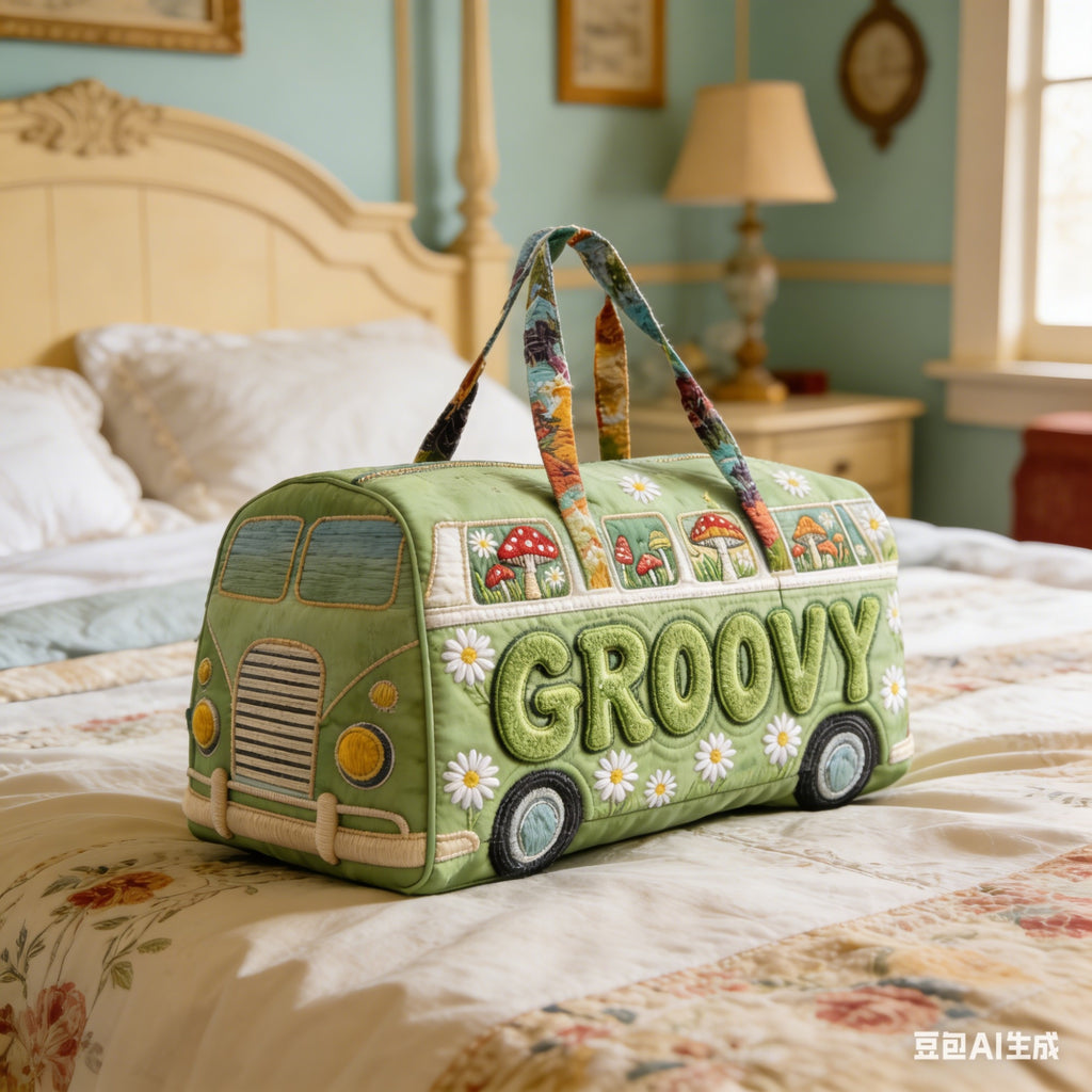 Cute Bus Duffle Bag for Women, Daisy Mushroom Print Travel Weekender Bag, Large Capacity Overnight Handbag