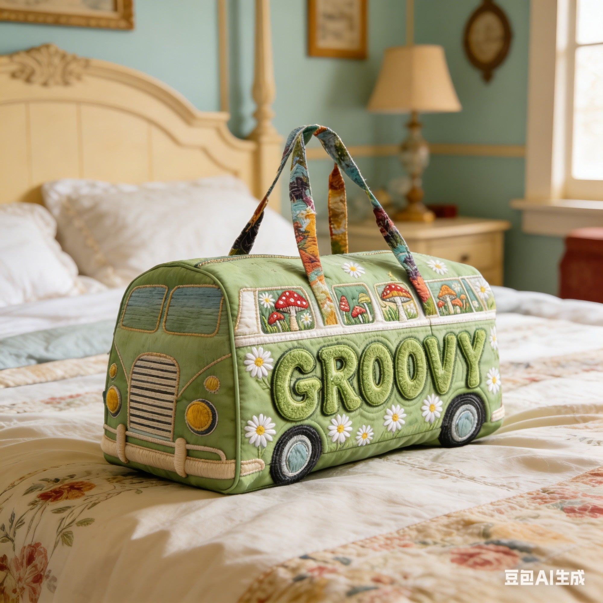 Cute Bus Duffle Bag for Women, Daisy Mushroom Print Travel Weekender Bag, Large Capacity Overnight Handbag