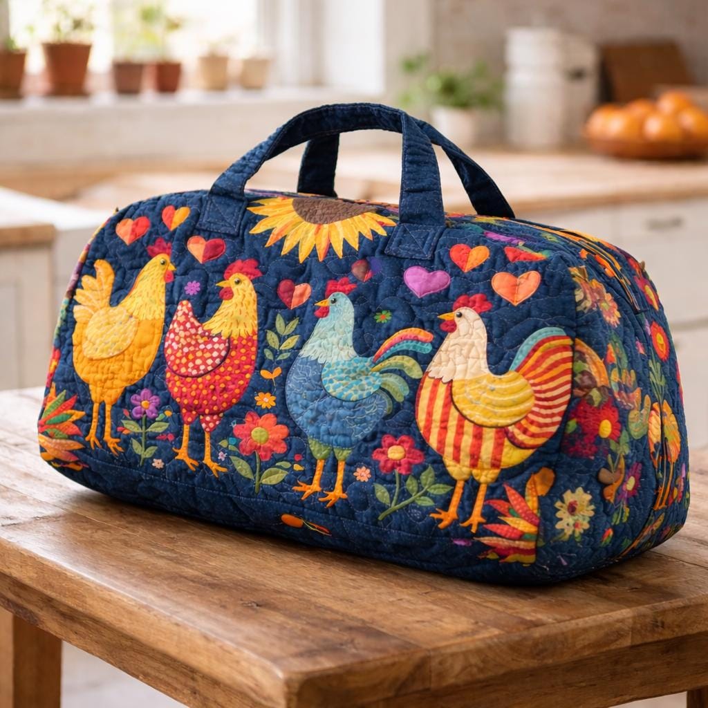 Cute Chicken Quilted Duffle Bag_ Camper Bus Travel Weekender Bag, Best Duffle Bags for Women, Cute Weekender Duffel Gift for Her