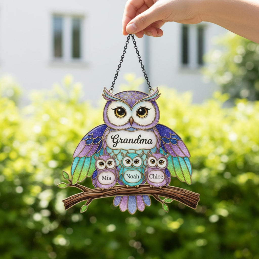 Personalized Owl Family Suncatcher, Custom Name Grandma Owl Acrylic Window Art, Faux Stained Glass Bird Decor, Mother's Day Gift