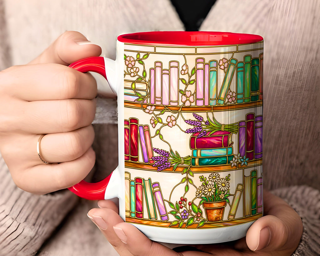 Stained Glass Floral Bookshelf Mug, Colorful Bookish Reader Coffee Cup, Book Lover Gift, Gift for Booktoker, Cozy Reading Nook Decor