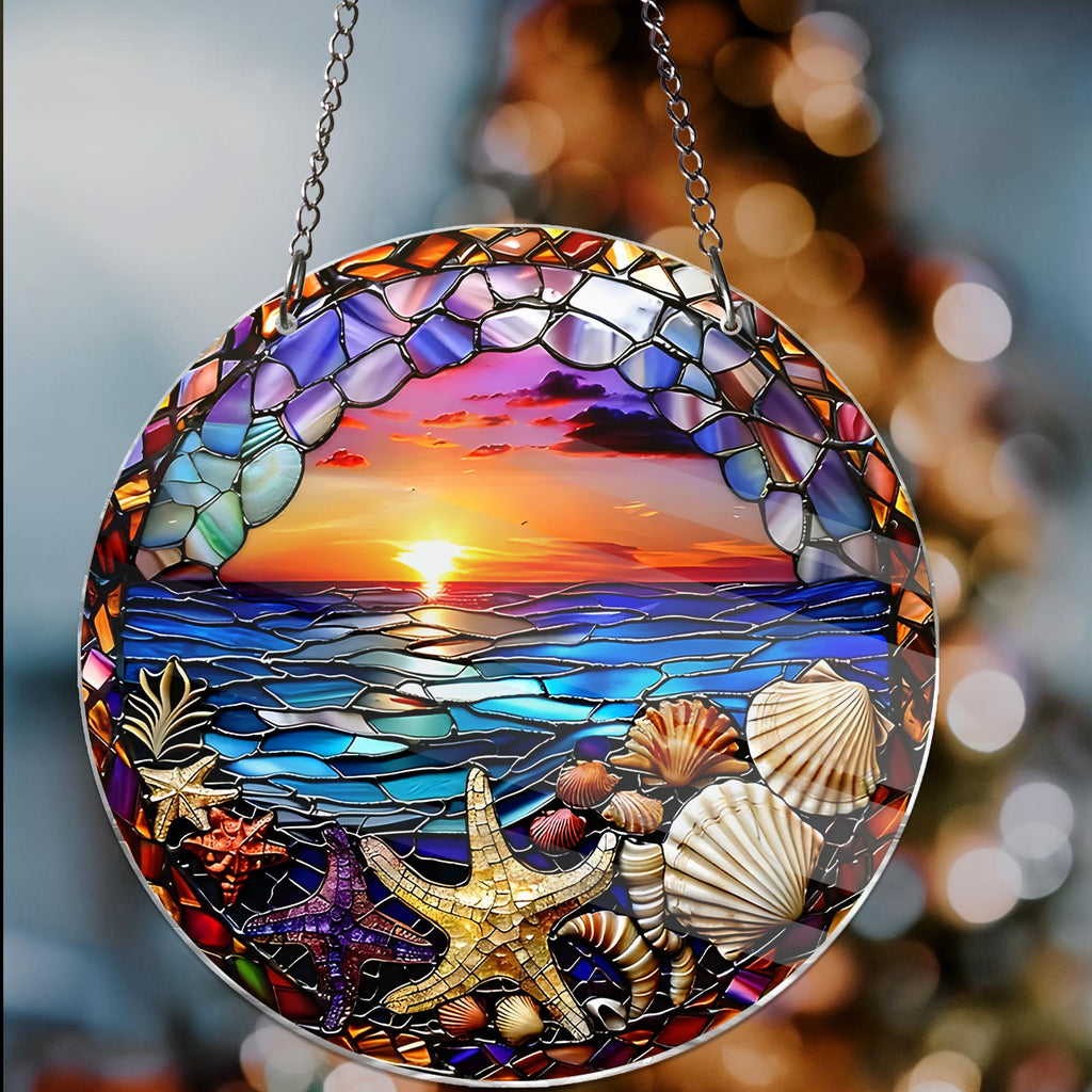 Sunset Beach ACRYLIC Window Hanging Decor Ocean Art Starfish Seashell Suncatcher Coastal Home Decor Unique Beach Lover Gift Beach Lover