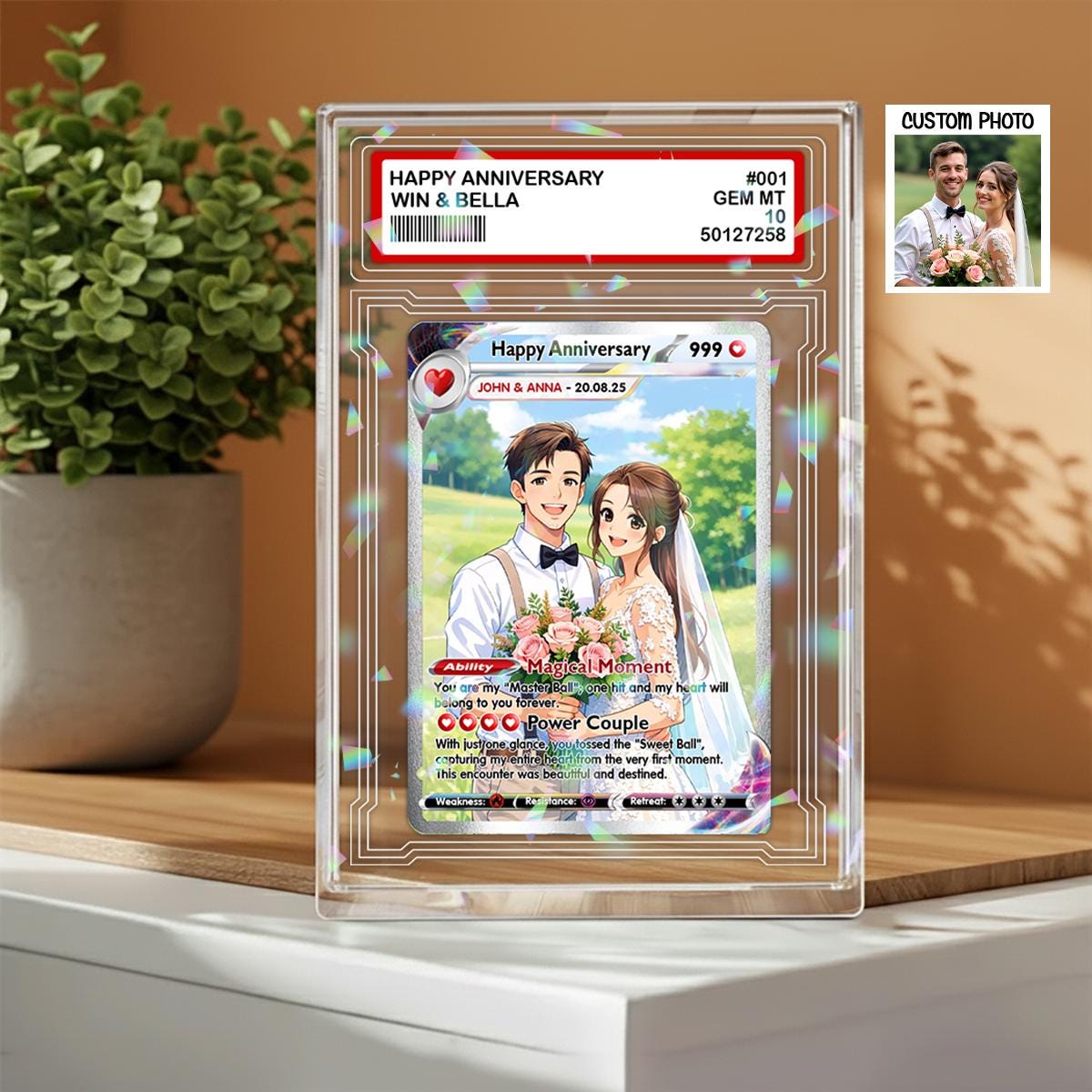Personalized Poke Love Card Block, Custom Photo Hologram Plaque, Anime Wedding Card, Card for Couple, Valentine's Day Gift