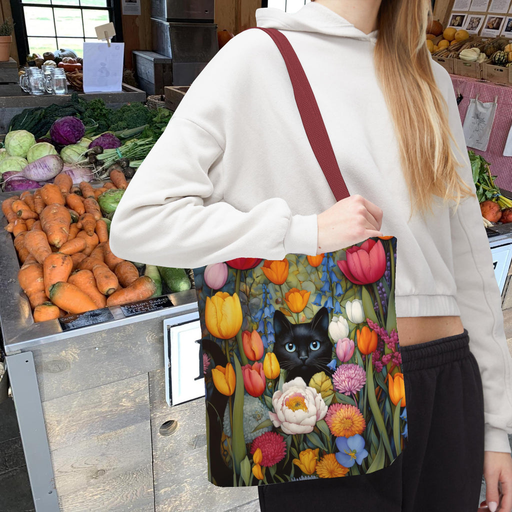 Black Cat Floral Tote Bag With Colorful Spring Flowers, Reusable Shoulder Bag for Cat Lovers