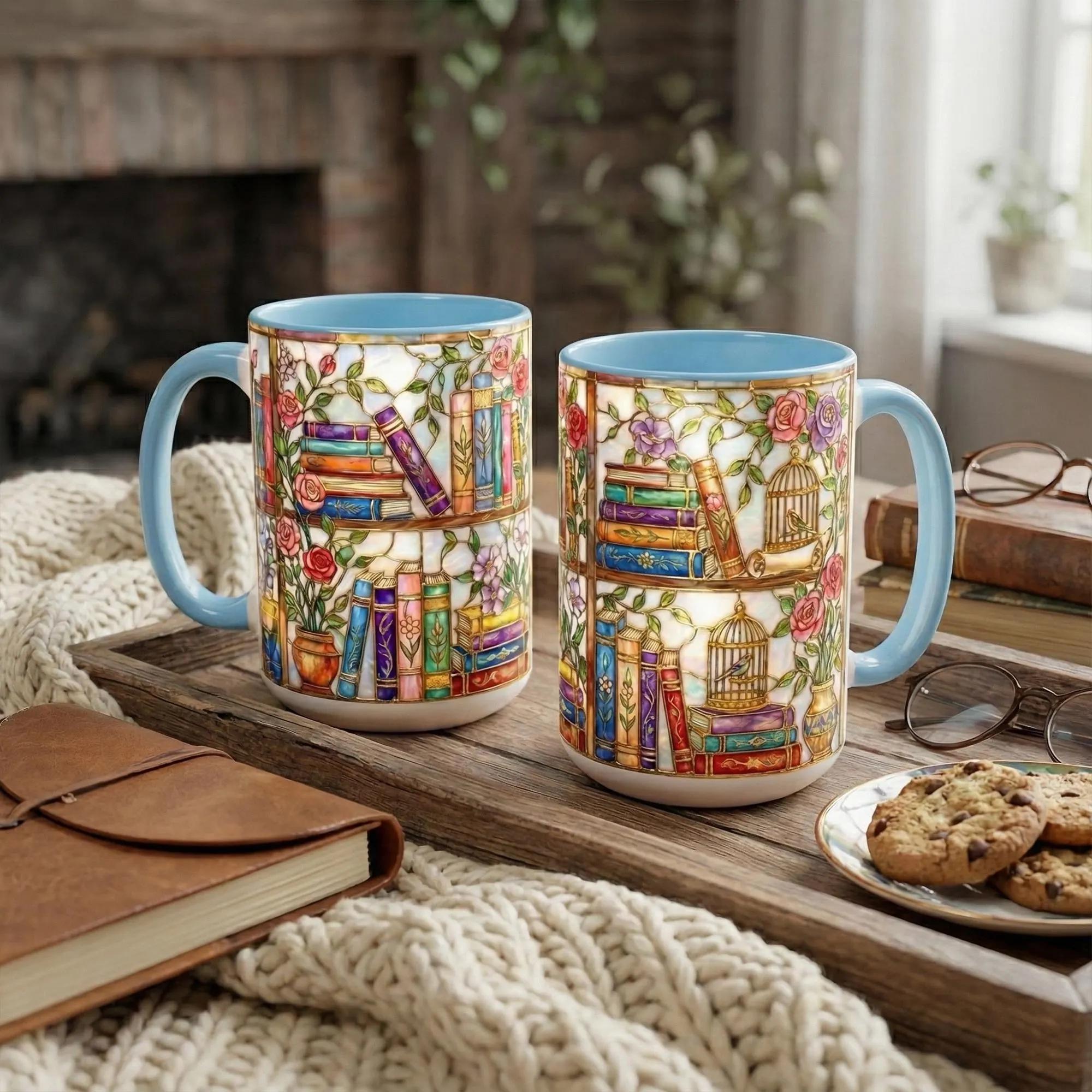 Stained-glass Style Floral Bookshelf Mug, Book Lover Gift, Bookish Mug, Library Cup, Gift Mug – Thoughtful Design for Coffee Lovers