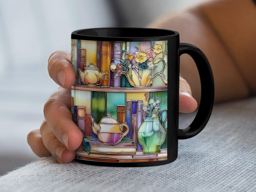 Floral Bookshelf Mug, Faux Stained Glass Effect, Unique Tea Lover Gift, Book Lover Gift, Unique Coffee Mug, Decorative Mug, Premium Ceramic Mug – Everyday Use & Gift Idea