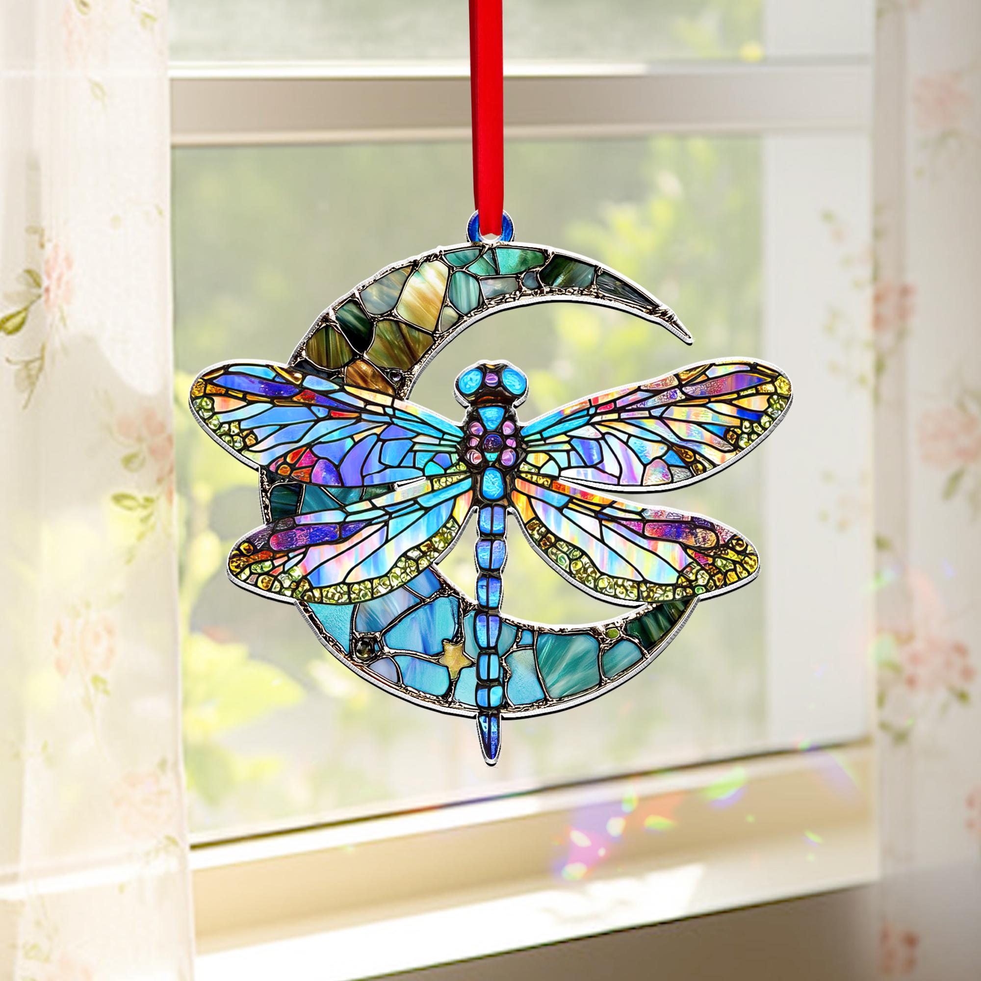 Dragonfly Acrylic Suncatcher With Crystal, Dragonfly Moon Window Hanging, Dragonfly Ornament, Dragonfly Gift, Gift for Mom, Garden Decor
