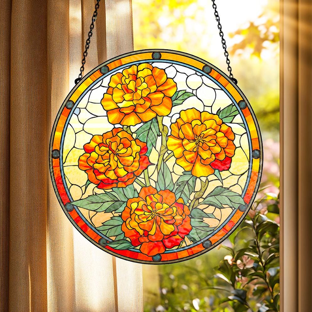 Custom Birth Month Floral Stained Glass Suncatcher, Personalized Garden Gift for Mom, Window Hanging Birth Flower Ornament