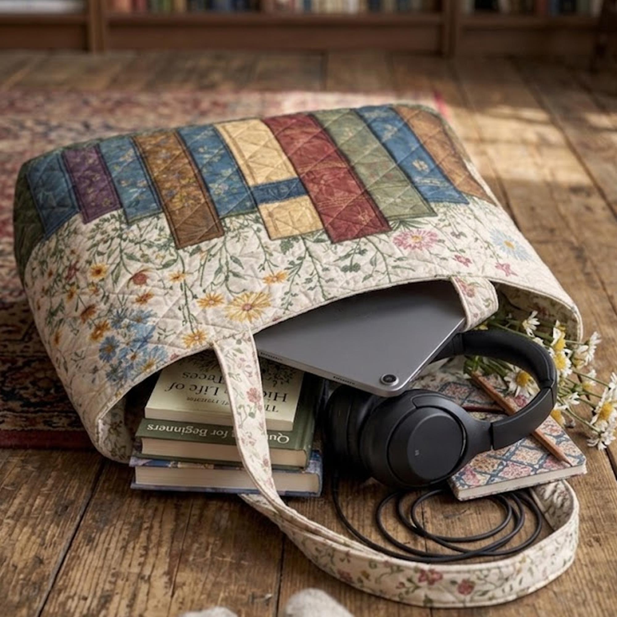 Quilted Book Lover Tote Bag – Vintage Floral Library Shoulder Bag, Reading Aesthetic Market Tote, Bookish Gift for Women