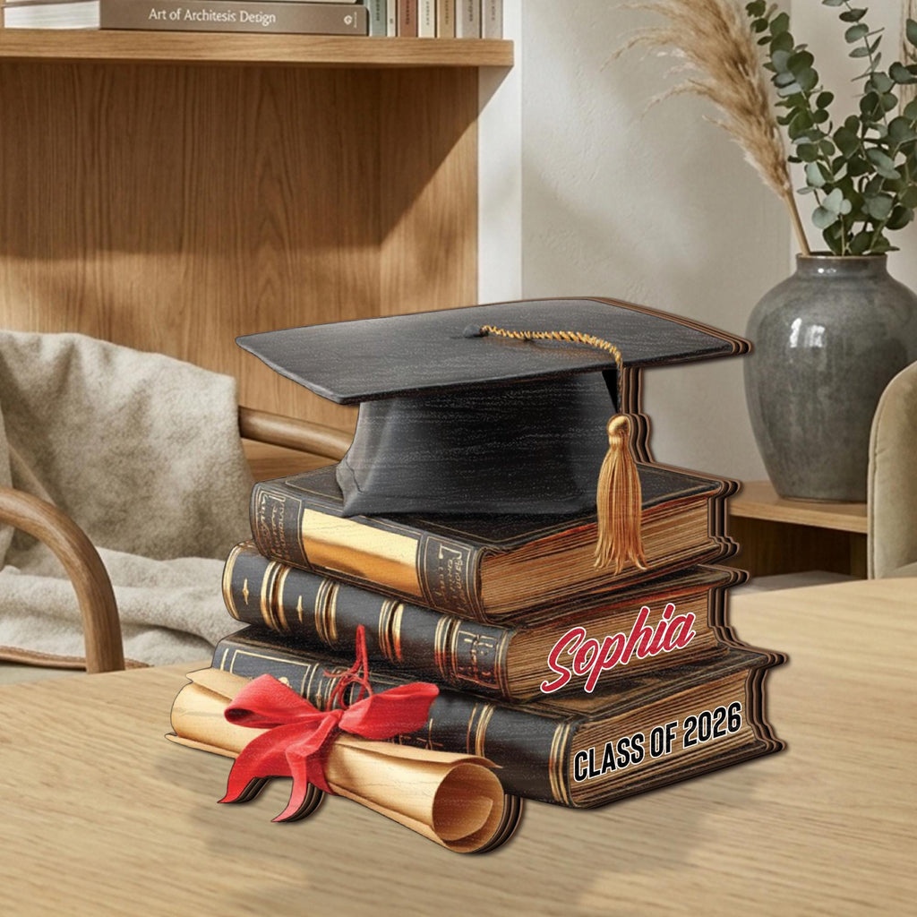 Class of 2026 Graduation Wooden Block Sign, Personalized Keepsake, Custom Name Graduate Decor, Cap and Books Design, Graduation Gift