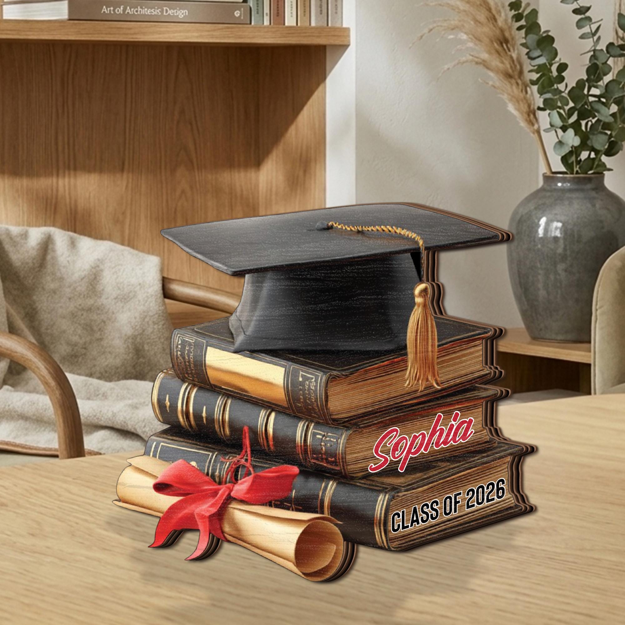 Class of 2026 Graduation Wooden Block Sign, Personalized Keepsake, Custom Name Graduate Decor, Cap and Books Design, Graduation Gift