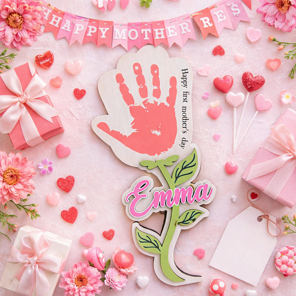 Personalized Handprint Flower Mothers Day Keepsake , Happy First Mothers Day Gift Kids Husband Engraved Wood Sign, Handprint Sign Mother