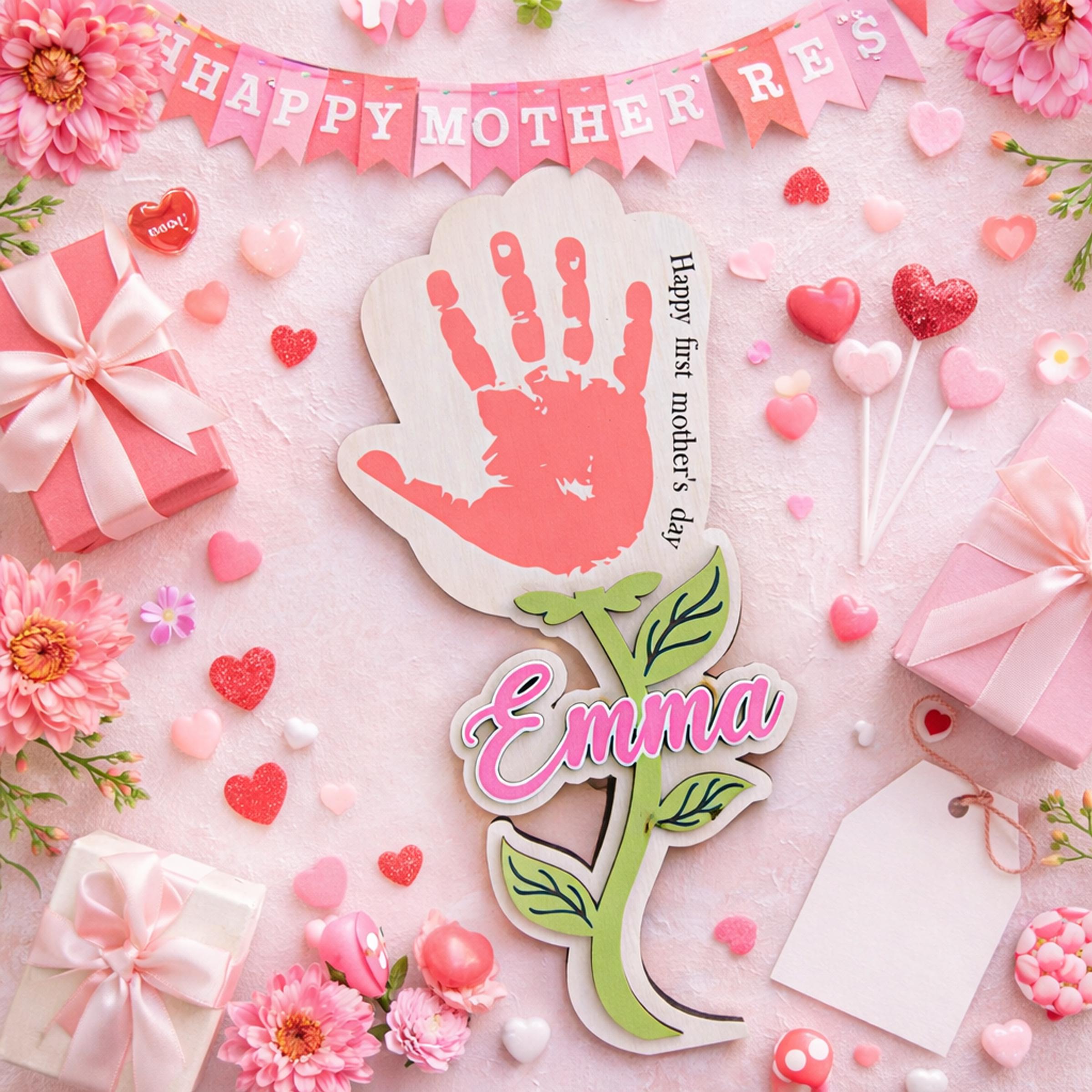 Personalized Handprint Flower Mothers Day Keepsake , Happy First Mothers Day Gift Kids Husband Engraved Wood Sign, Handprint Sign Mother