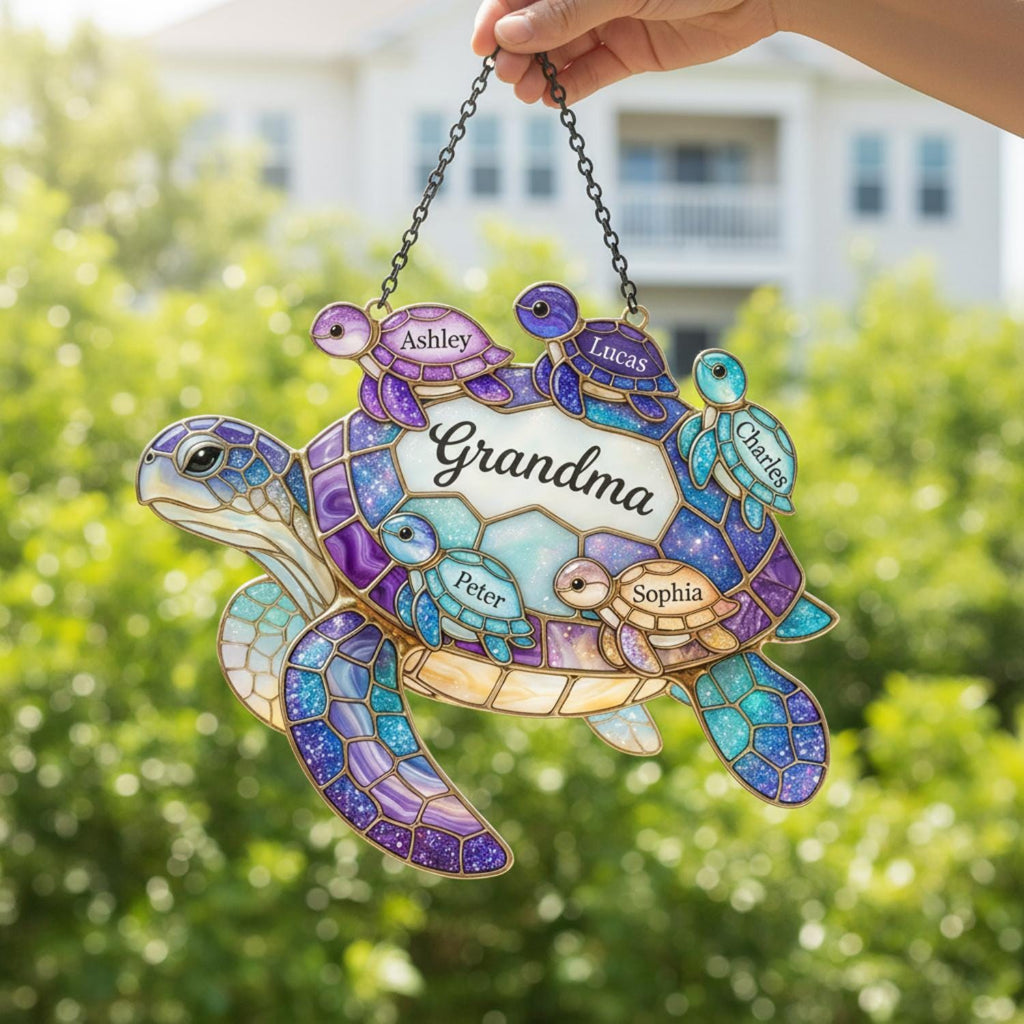 Personalized Sea Turtle Family Suncatcher, Custom Grandma Turtle Acrylic Window Art, Faux Stained Glass Ocean Decor, Mother's Day Gift