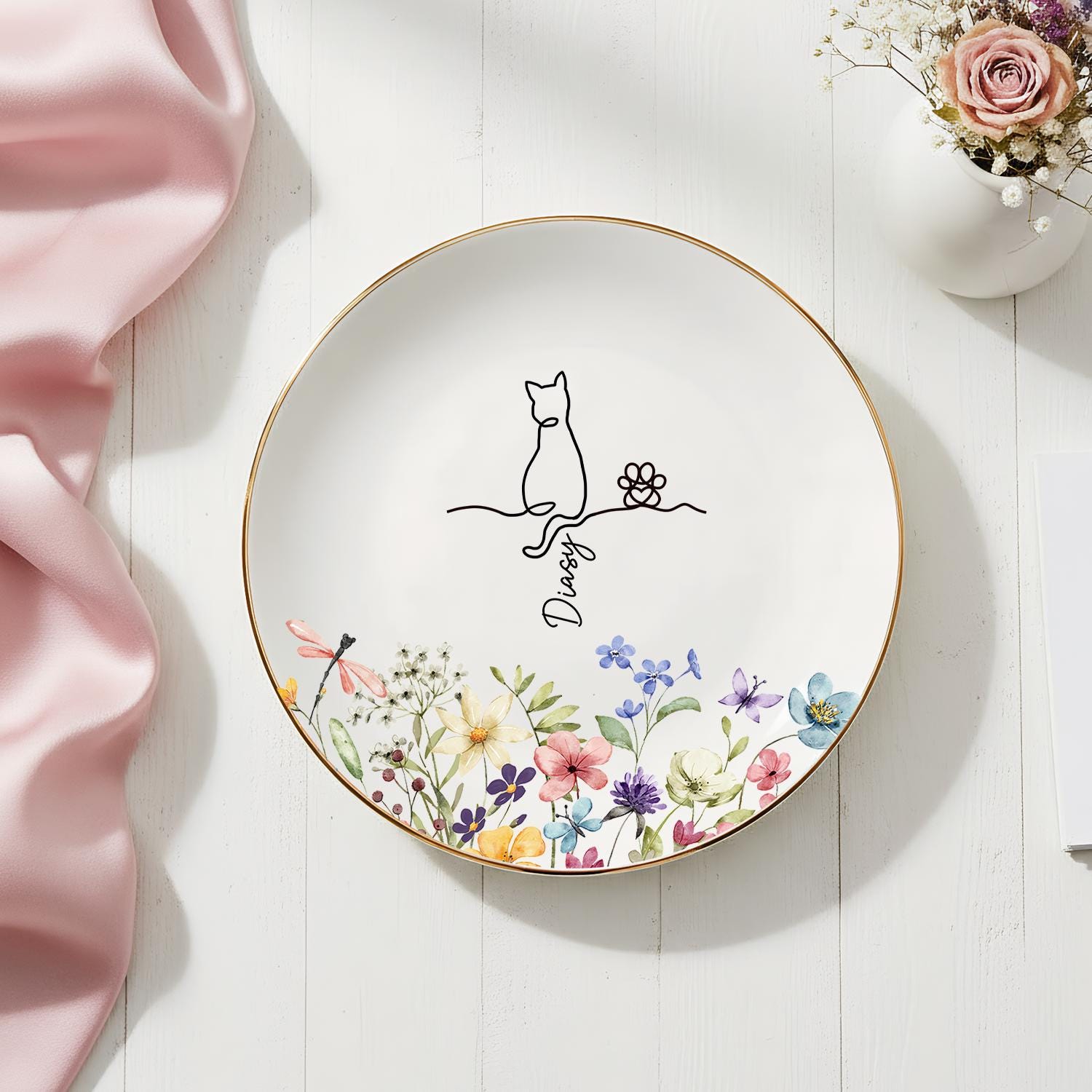 Personalized Cat Floral Ring Dish, Custom Cat With Name Jewelry Dish, Cat Lover Gift, Unique Christmas Present, Gift for Cat Owner Pet Lover