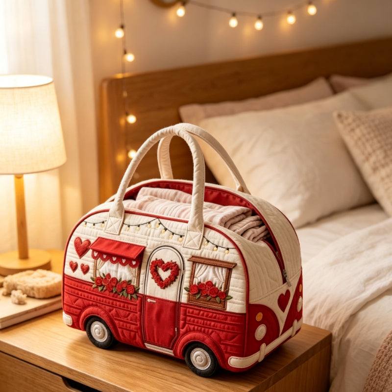 Valentine Van Large Capacity Duffle Bag, Red White RV Shaped Quilted Look Weekender Tote, Rose Print Travel Handbag for Women