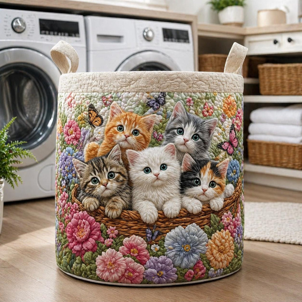 Vintage Meow Quilted Laundry Basket, Cat Laundry Room Decor, Soft Fabric Hamper, Colorful Cat Storage Bin, Gift for Mom, Gift for Her