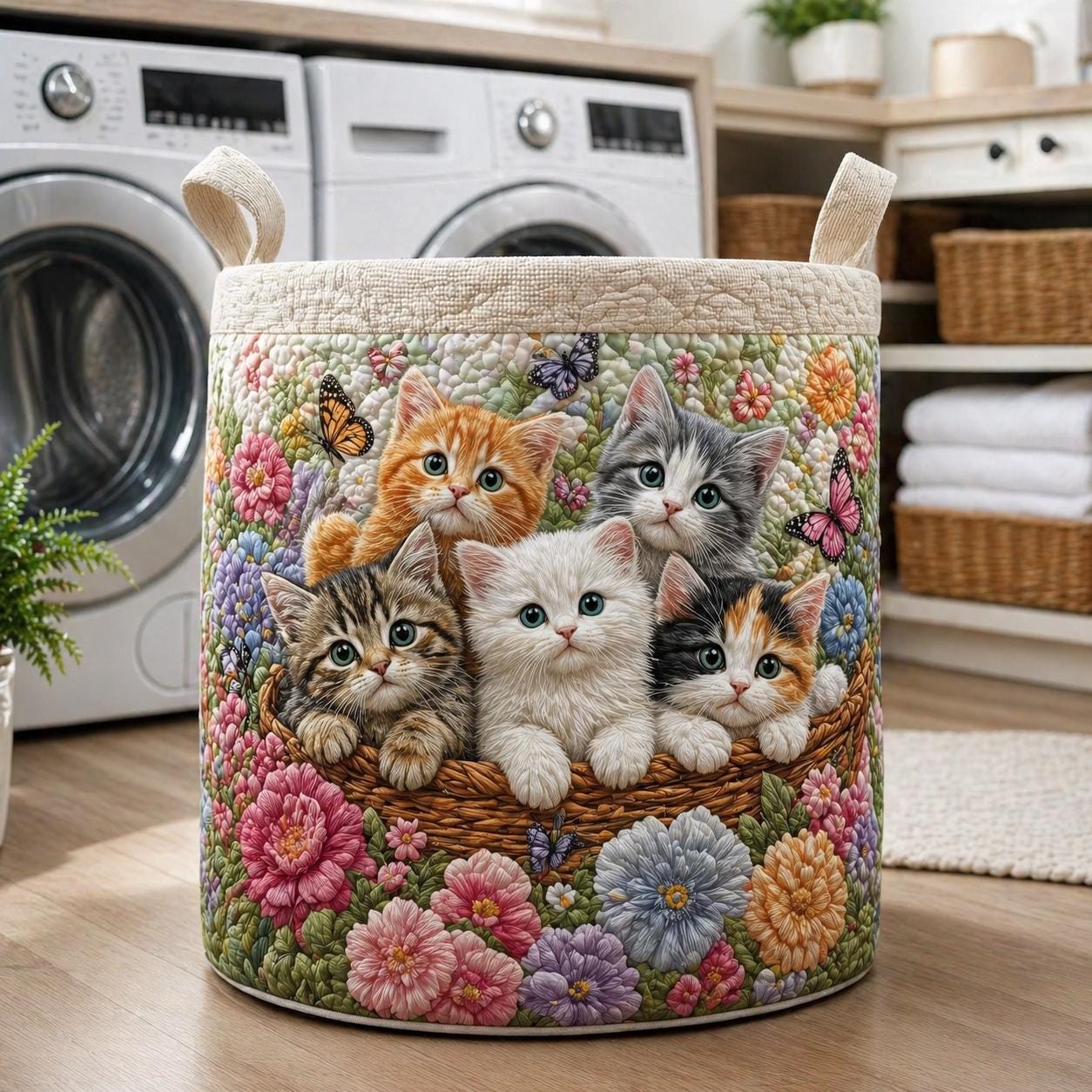 Vintage Meow Quilted Laundry Basket, Cat Laundry Room Decor, Soft Fabric Hamper, Colorful Cat Storage Bin, Gift for Mom, Gift for Her
