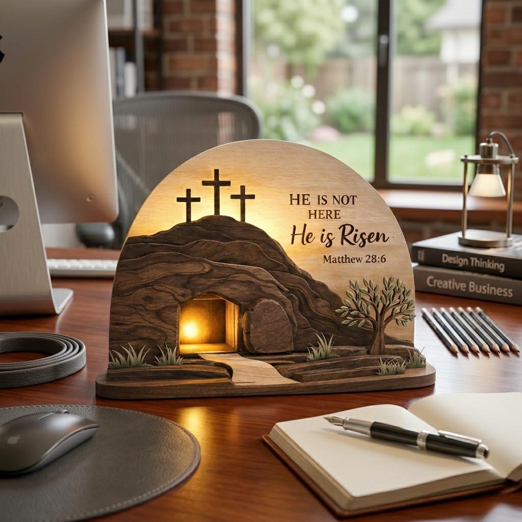He is Risen Easte Wooden Block, Christian Resurrection Table Sign, Religious Home Decor Gift, Empty Tomb Cross Wood Shelf