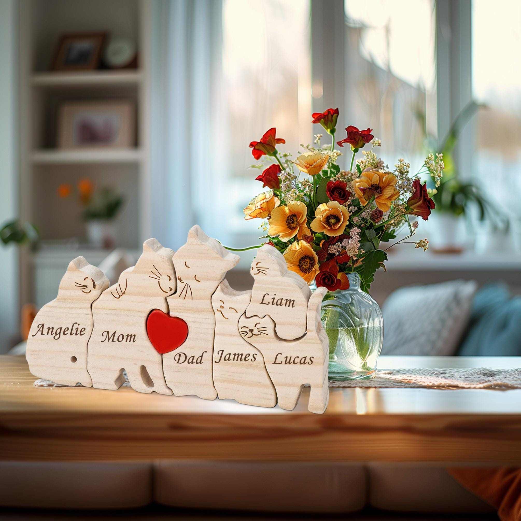 Wooden Cat Family Puzzle, Cat Family Home Decor, Wedding Anniversary Gifts for Wife, Nursery Cat Decor, Christmas Gifts for Mom Grandma