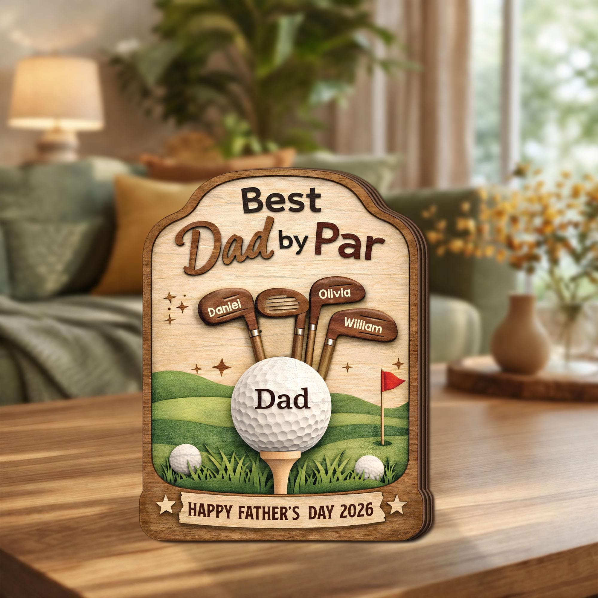 Best Dad by Par Wooden Block, Personalized Golf Dad Gift, Fathers Day Gift From Kids, Custom Name Golf Father Decor, Dad Desk Wooden Plaque